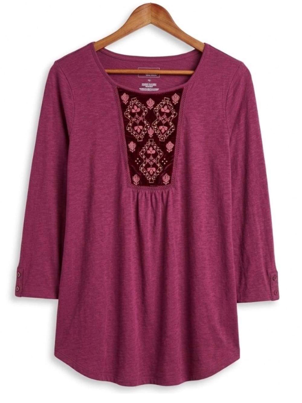 Sonoma NWOT Magenta Embroidered Velvet Long Sleeve Cottony Top